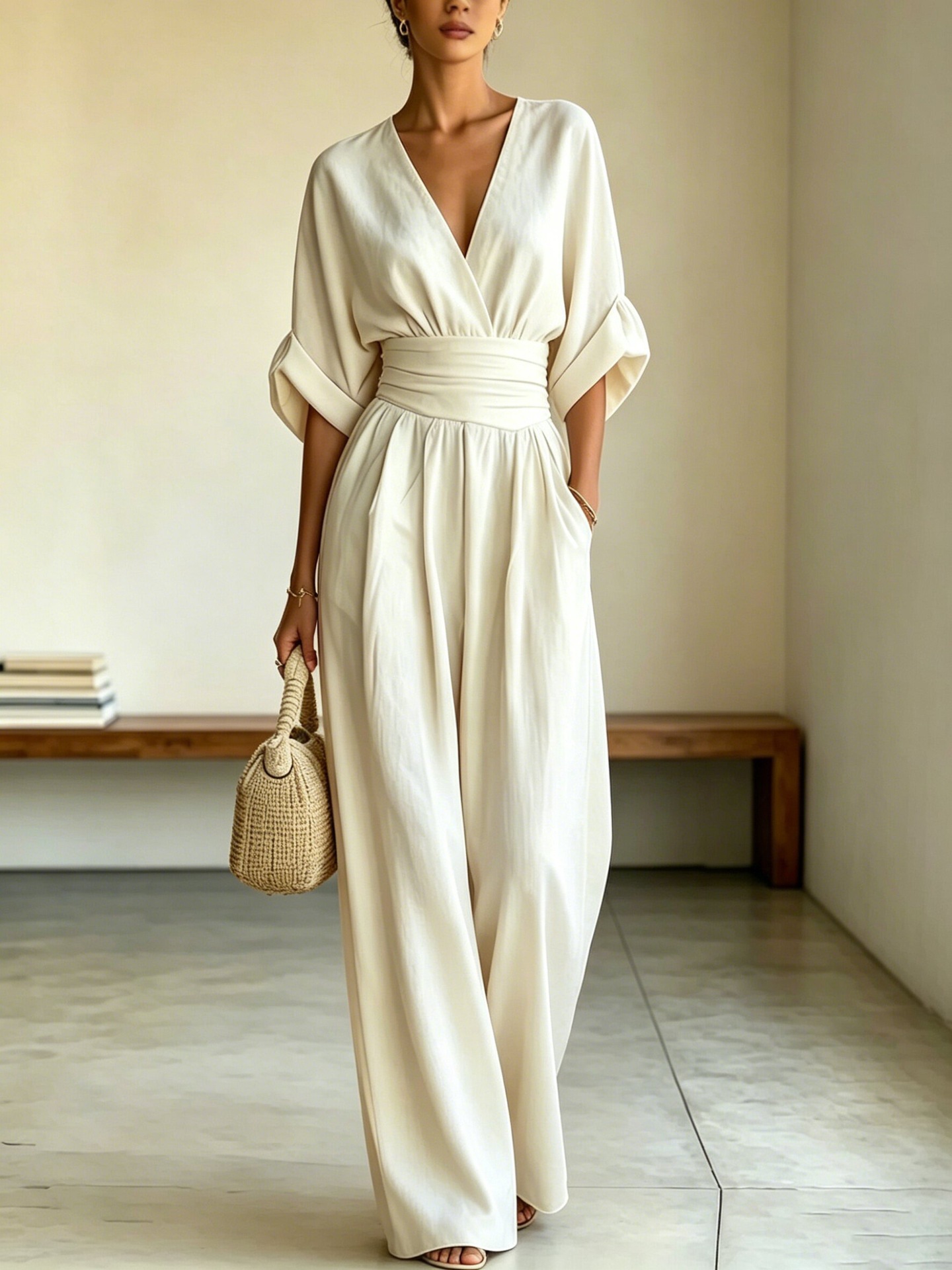 V-Neck Cinched Waist Rolled Sleeve Wide-Leg Jumpsuit