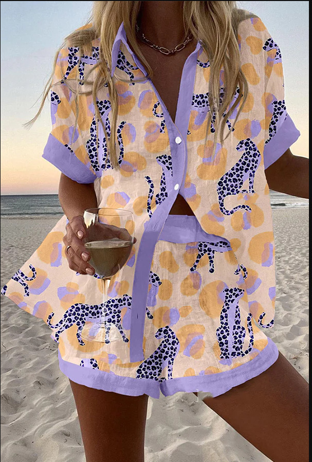 Women's Animal Print Short Sleeve Collared Top Set
