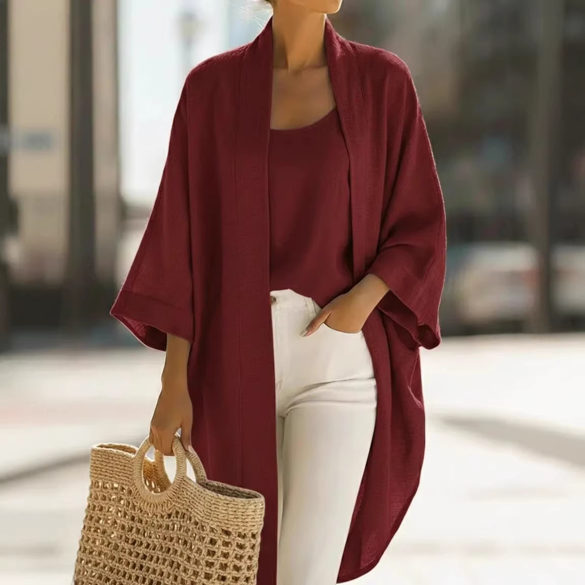 Women's Solid Color Cardigan & Tee Two-Piece Set Casual Loose Fit