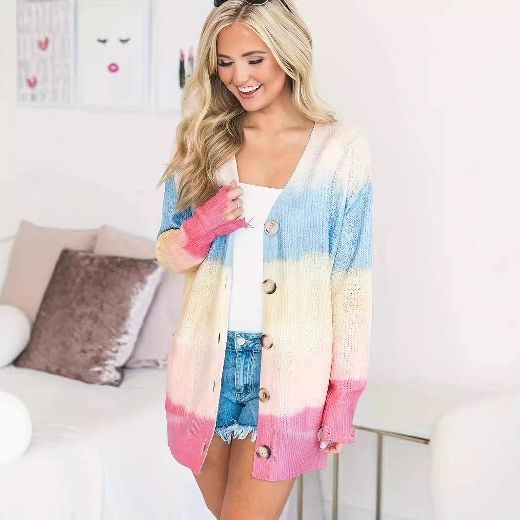 Women's Long Color Block Print Knit Cardigan V-Neck Button Front Long Sleeve