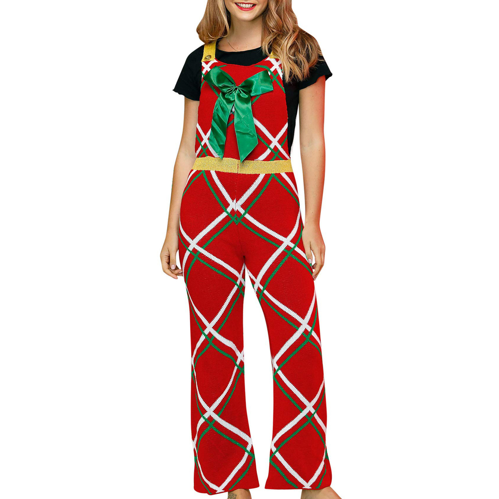 Christmas Striped Plaid Jumpsuit with Oversized Bow