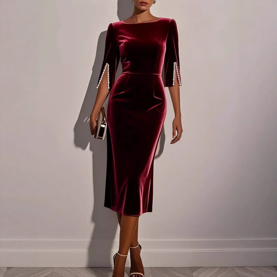 Solid Beaded Slim-Fit Midi Dress with Waist-Cinching