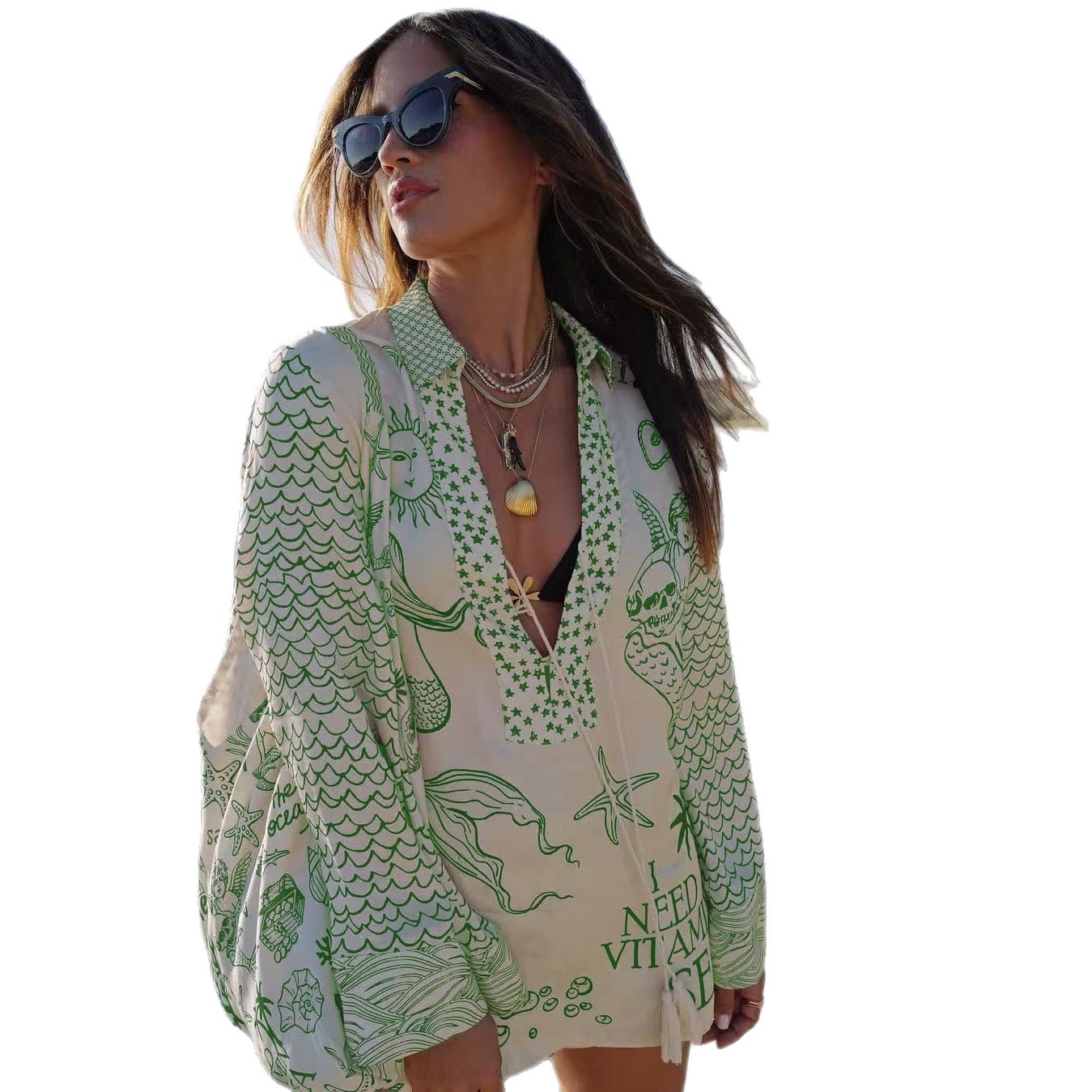 Printed Low-Neck Long-Sleeve Top and Shorts Two-Piece Set