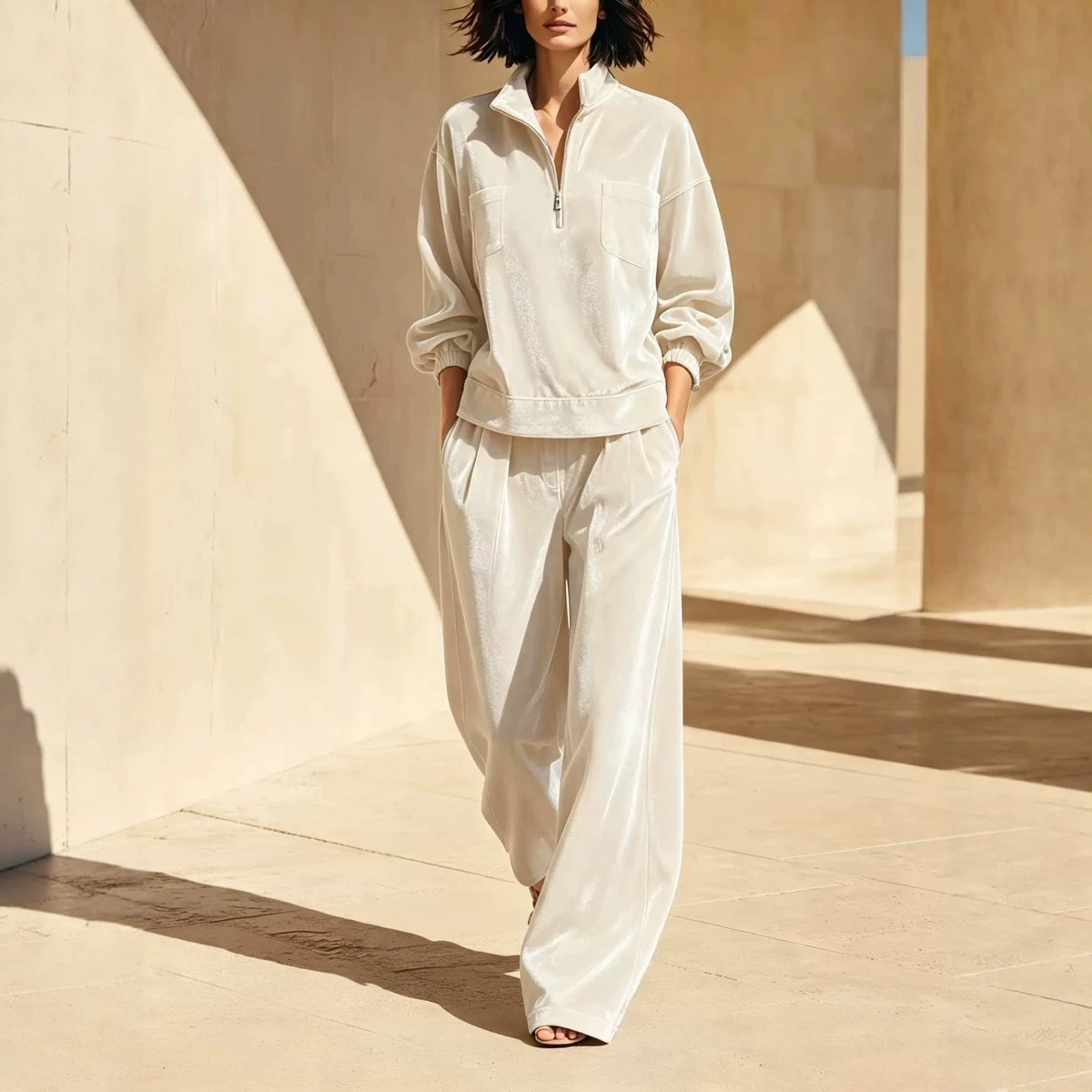 Velvet Lounge Set for Women Long Sleeve Half-Zip Top and Wide-Leg Pants Two-Piece