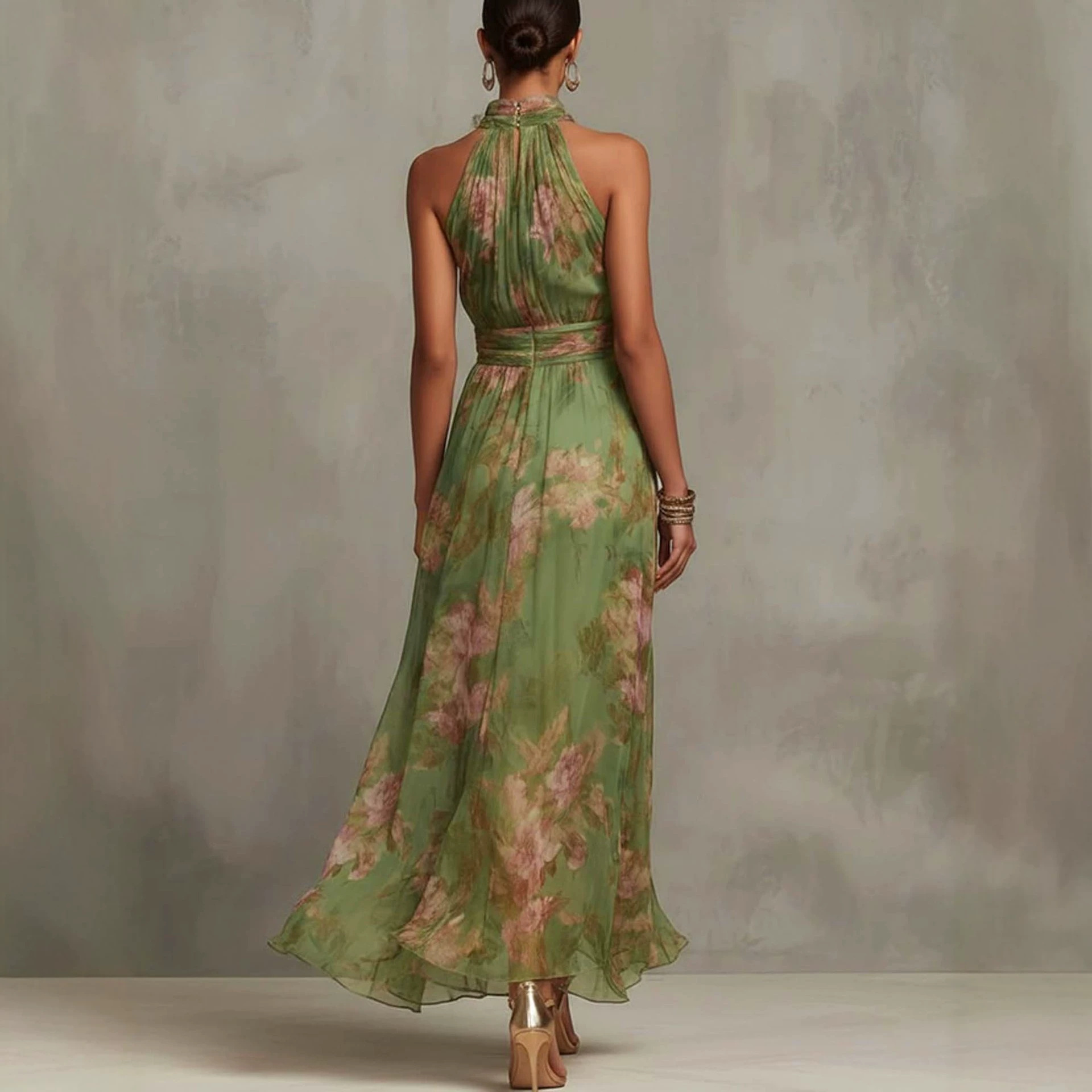 Elegant Floral Halter Midi Dress Sleeveless A-Line