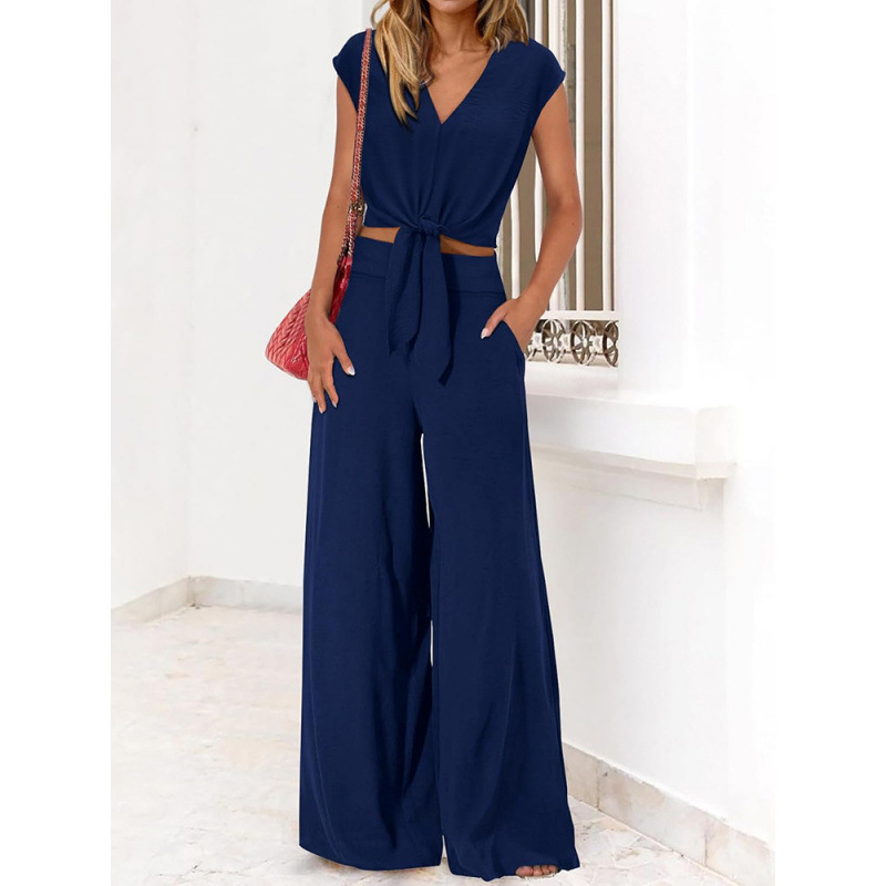 Women's V-Neck Tie-Front Crop Top & Wide-Leg Pants Set