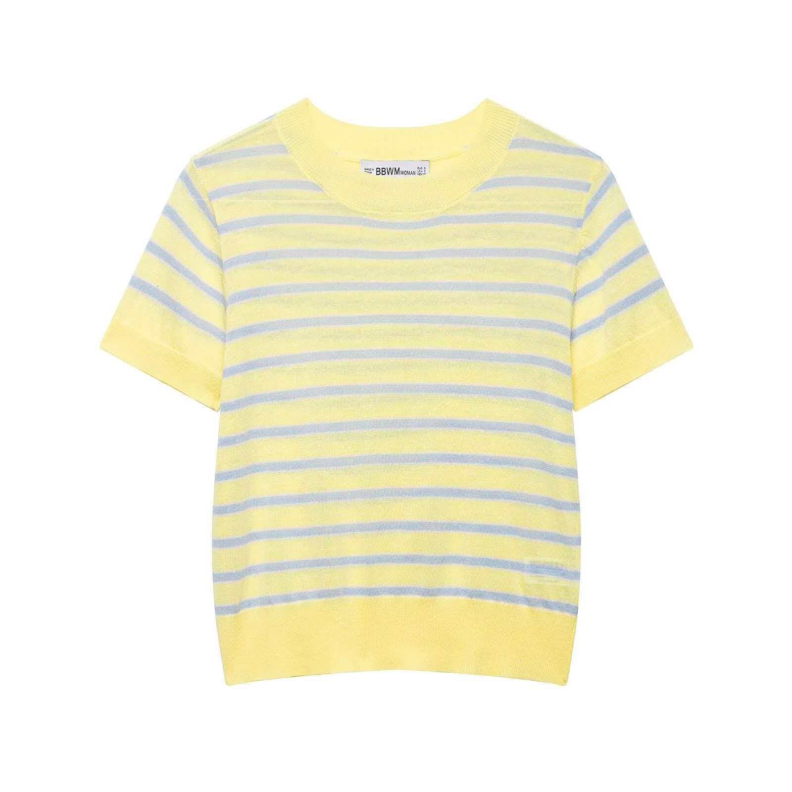 Women's Yellow & Blue Striped Knit Top Crew Neck Short Sleeve Relaxed Fit