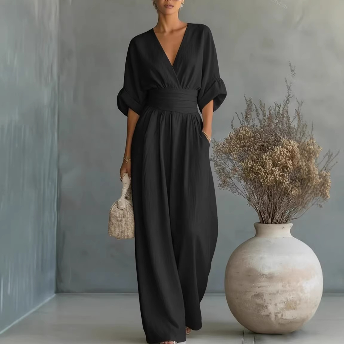Elegant V-Neck High-Waist Wide-Leg Jumpsuit