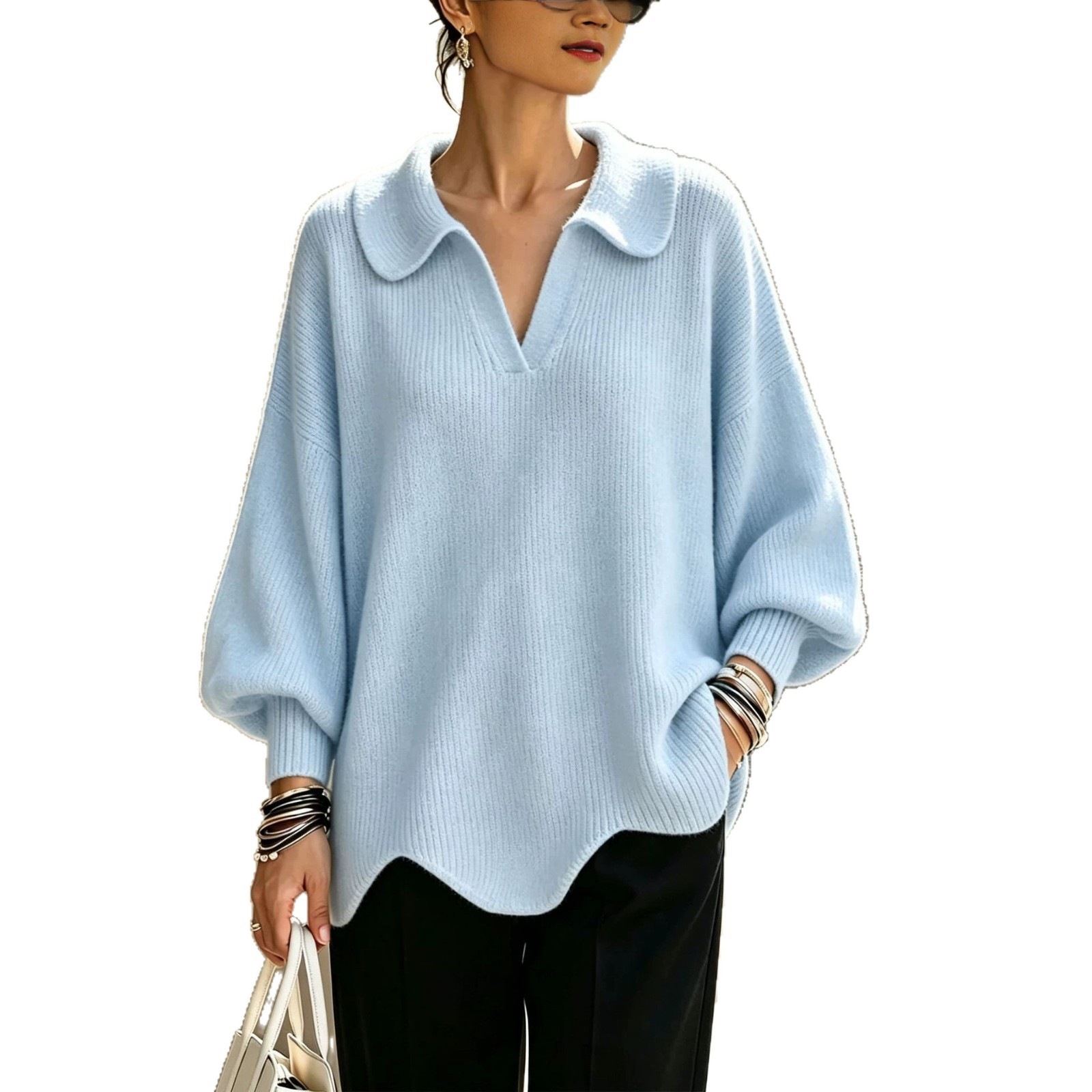 Women's V-Neck Lantern Sleeve Solid Knit Sweater Loose Relaxed Fit