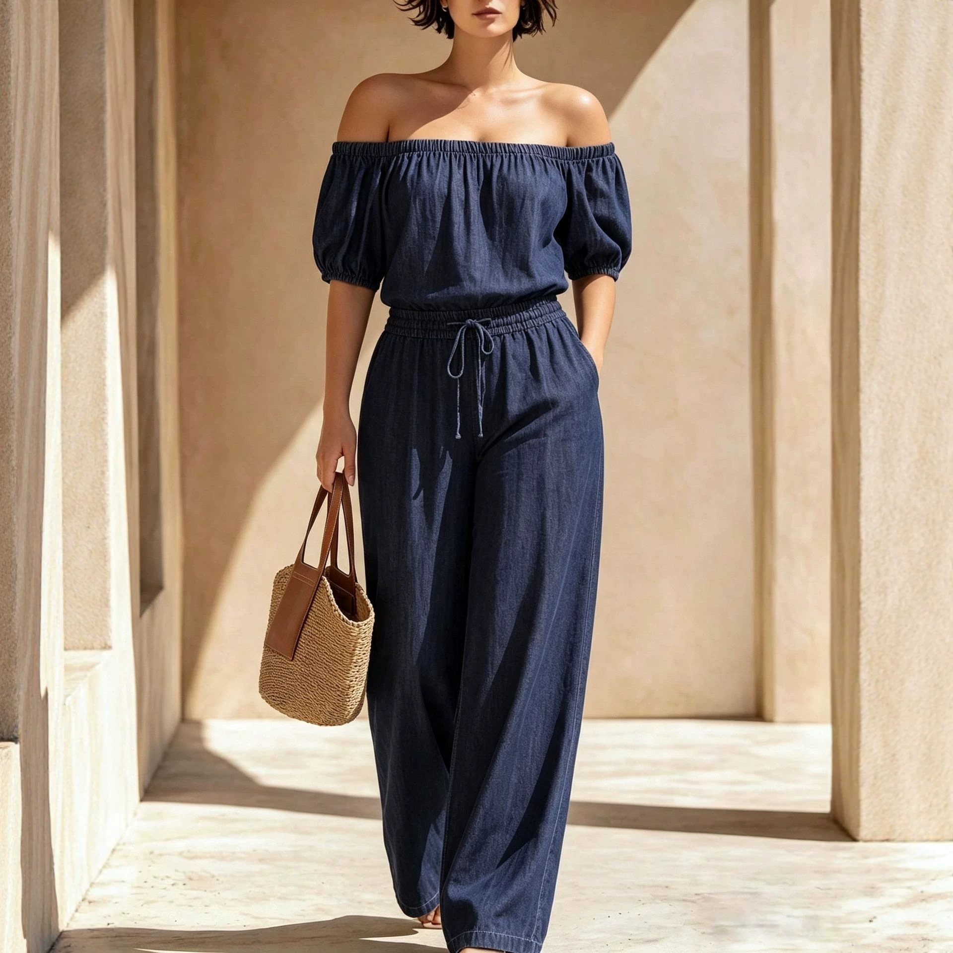 Women's Off-Shoulder Short-Sleeve Cropped Shirt and Tie-Waist Wide-Leg Pants Set