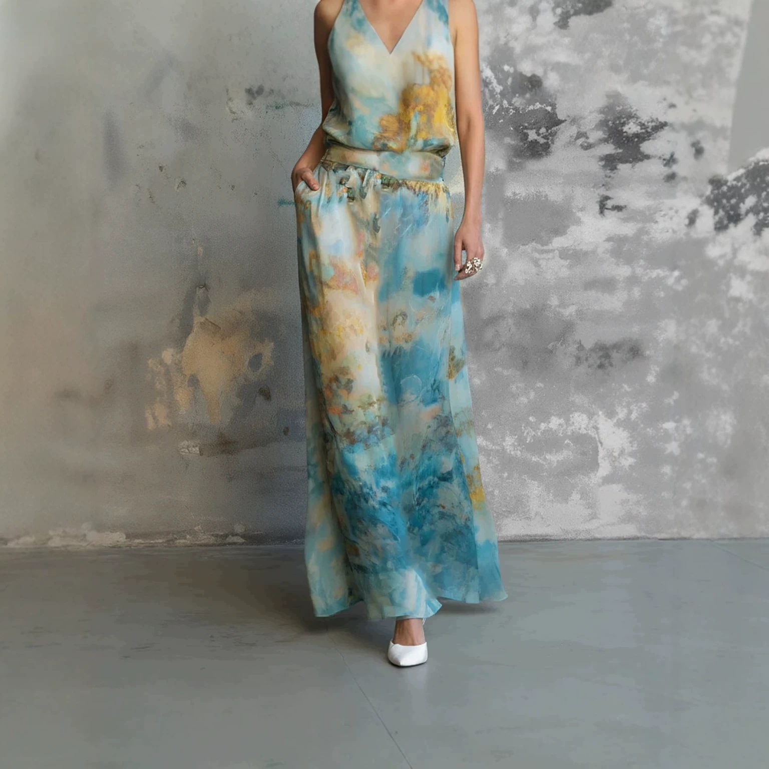 Elegant Floral Print Satin Sleeveless Top and Midi Skirt Set