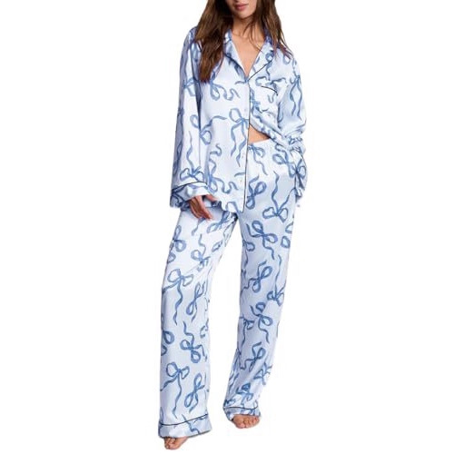 Cuban Collar Bow Ribbon Print Long Sleeve Women's Set