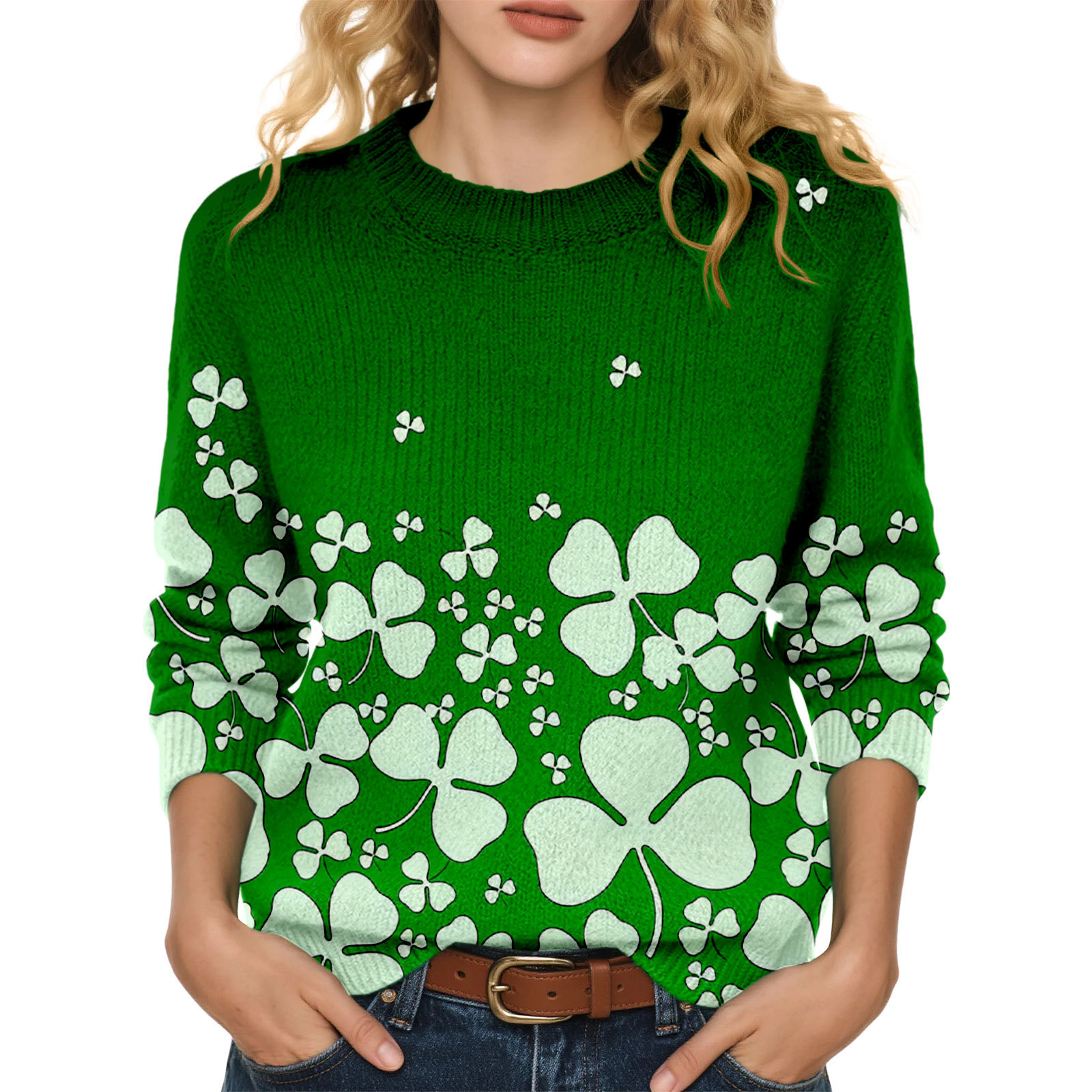 Lucky Clover Print Crewneck Sweatshirt for Women Casual Pullover