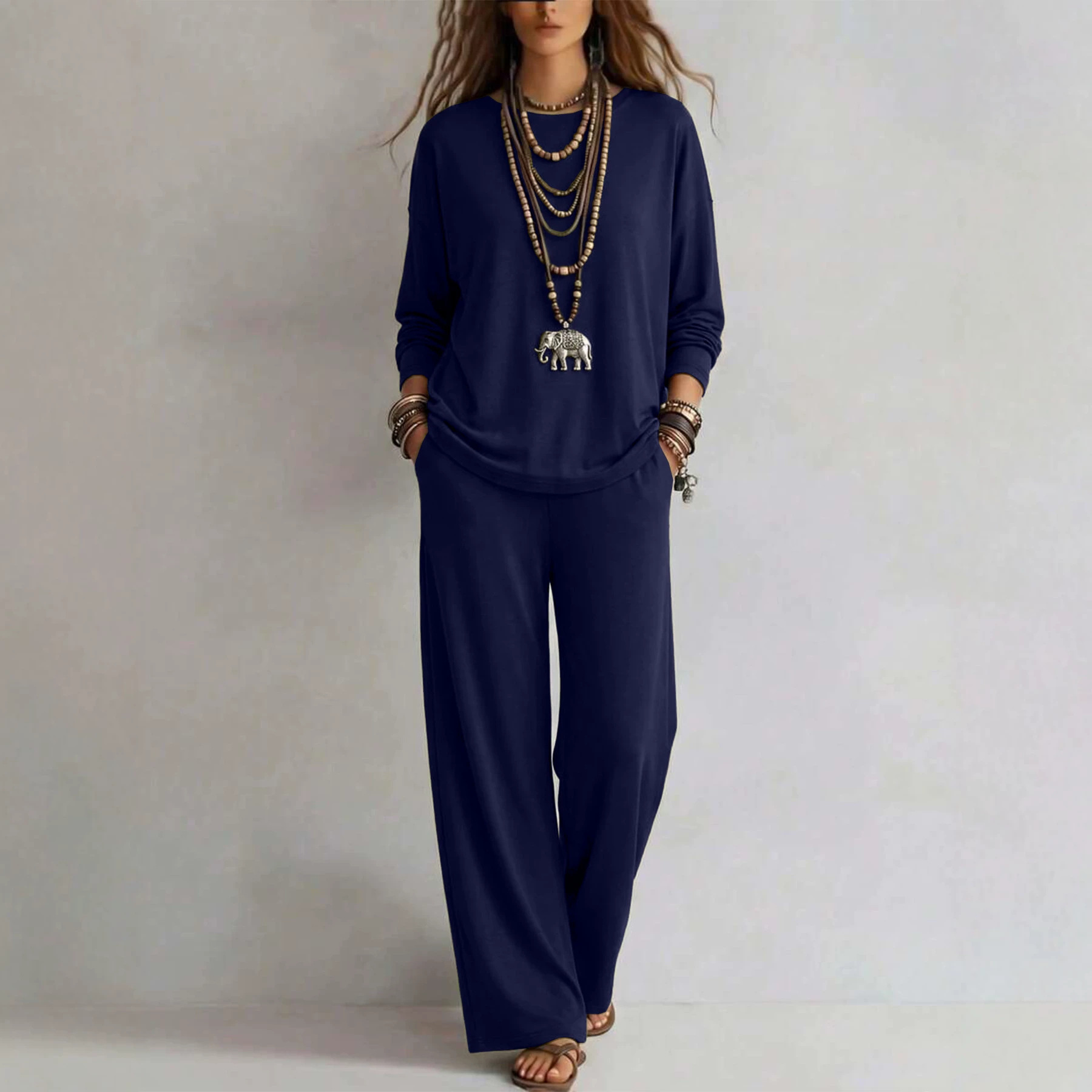 Women's Solid Color Two-Piece Set Long Sleeve Top & Wide-Leg Pants