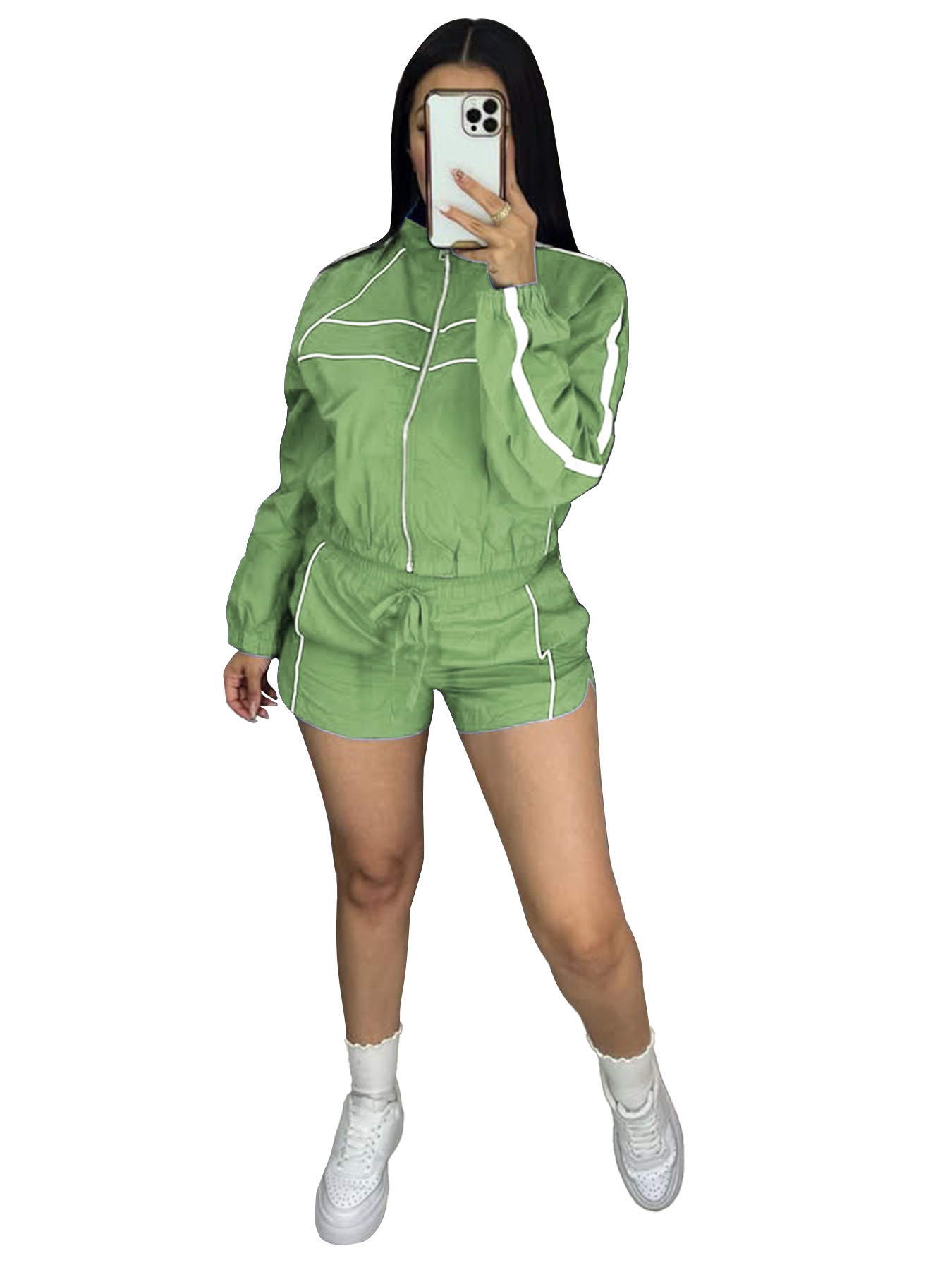 Women's Color-Block Zip Long-Sleeve Hoodie & Shorts Set