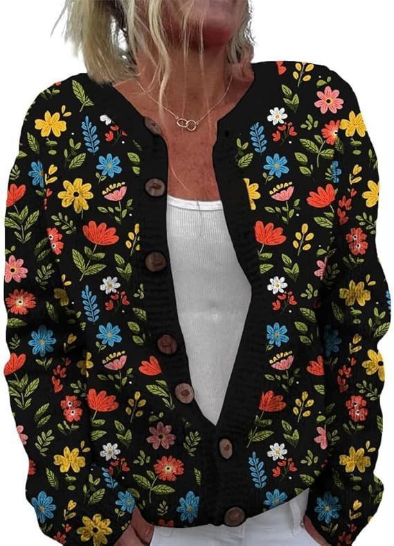 Women's Heart Print Button Cardigan Sweater