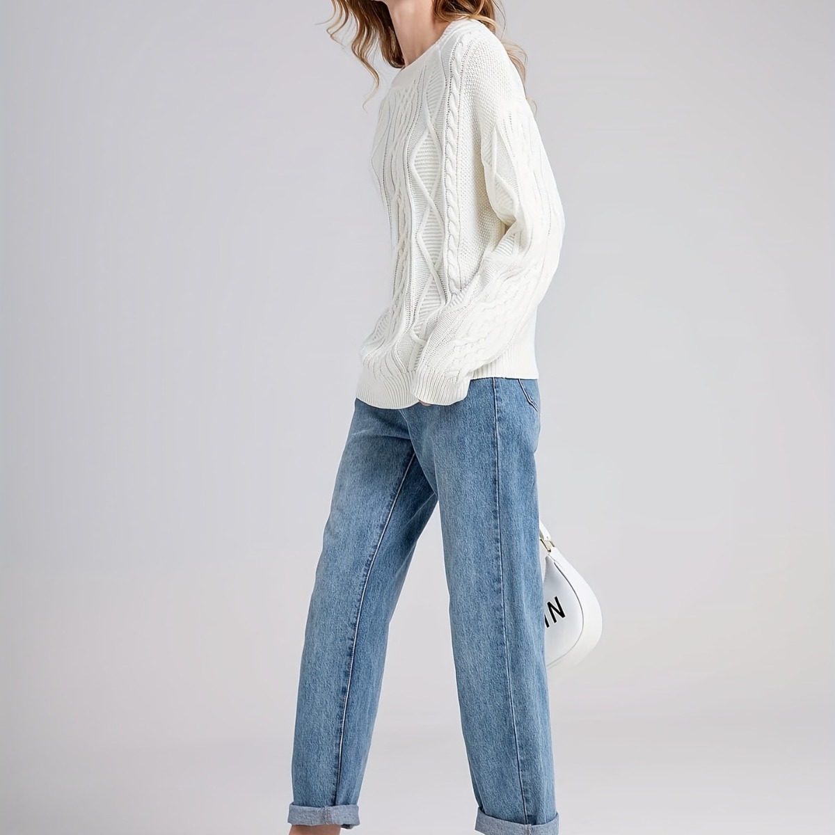 White Cable Knit Sweater Women's Long Sleeve Crewneck Geometric Pullover