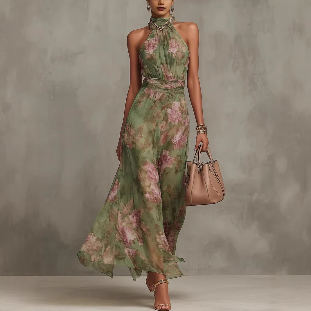 Women's Ruched Bodycon Mesh Print Cami Dress with High Slit