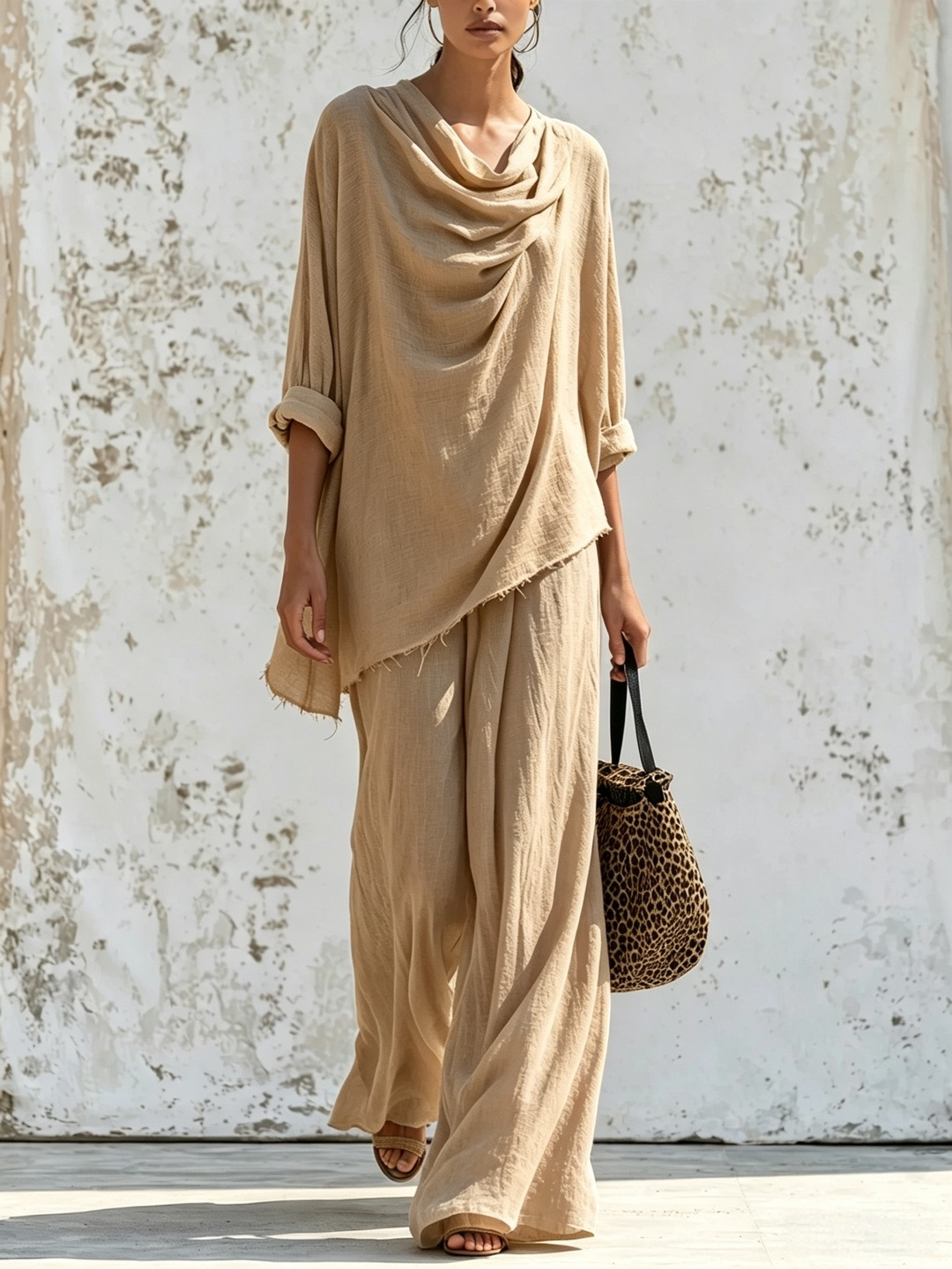 Women's Long Sleeve Frayed Trim Top & Wide Leg Pants Casual Set