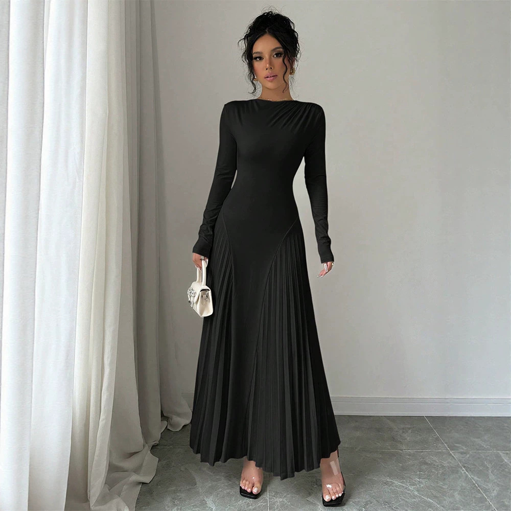 Long Sleeve Knit Pleated Maxi Dress Slimming Waist-Fitted Elegant