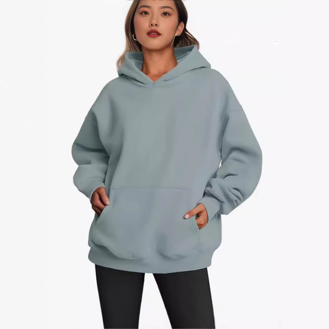 Women's Fleece-Lined Hooded Sweatshirt, Cotton Blend, Loose Fit, Solid Color