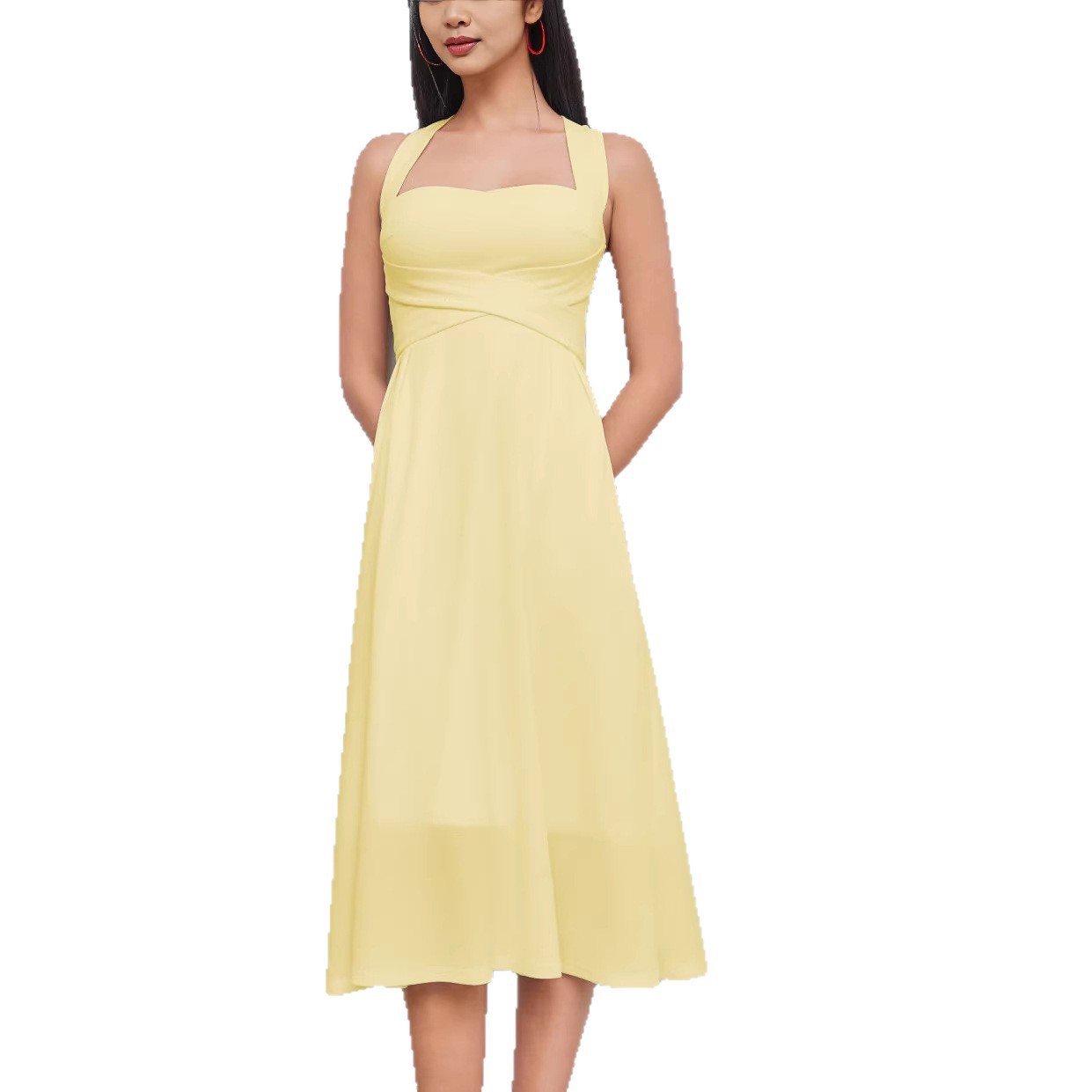 French Square-Neck Sleeveless A-Line Midi Dress
