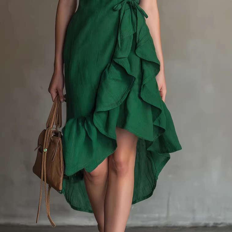 Sleeveless V-Neck Ruffle Bow Midi Dress
