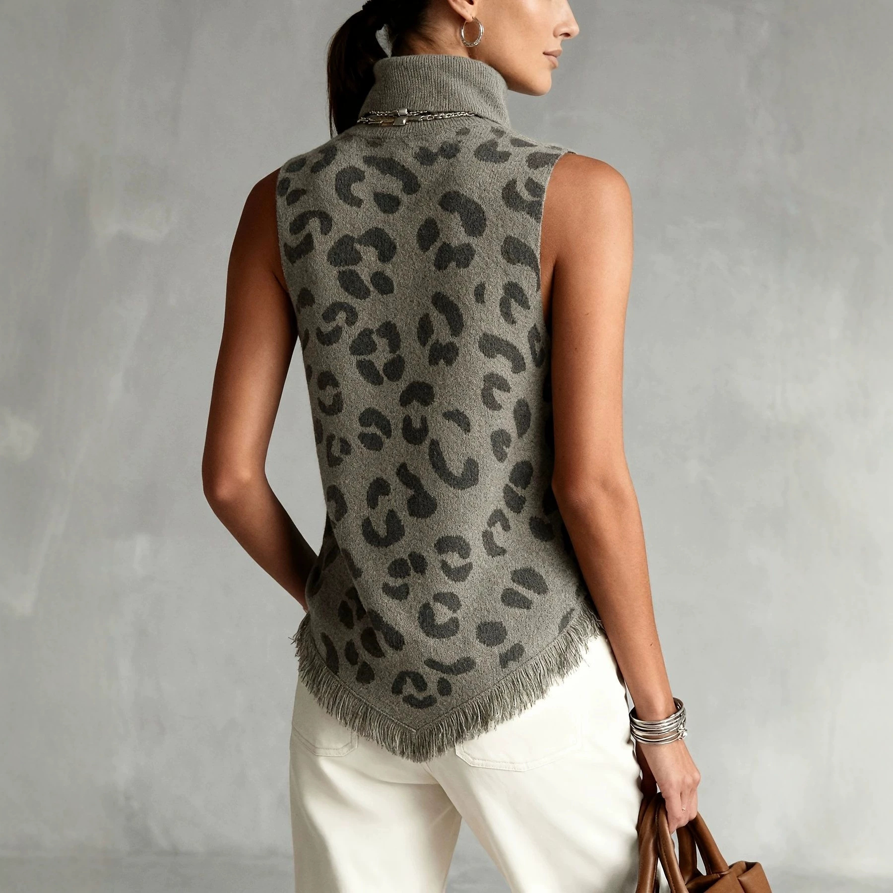 Leopard Print High Neck Sleeveless Knit Tank Top with Fringe