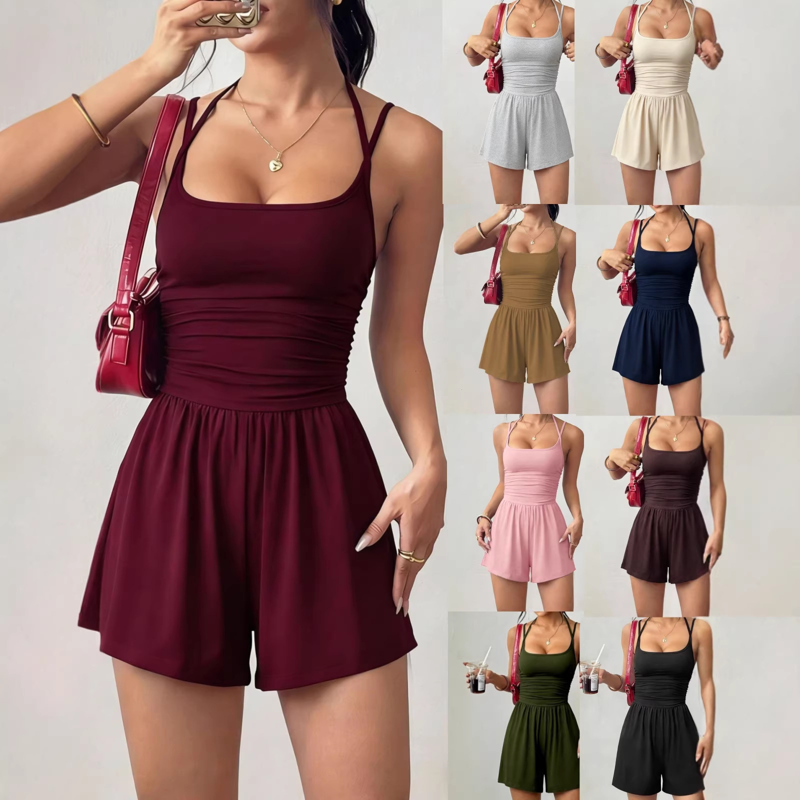 Adjustable Strappy Wide-Leg Romper Shorts