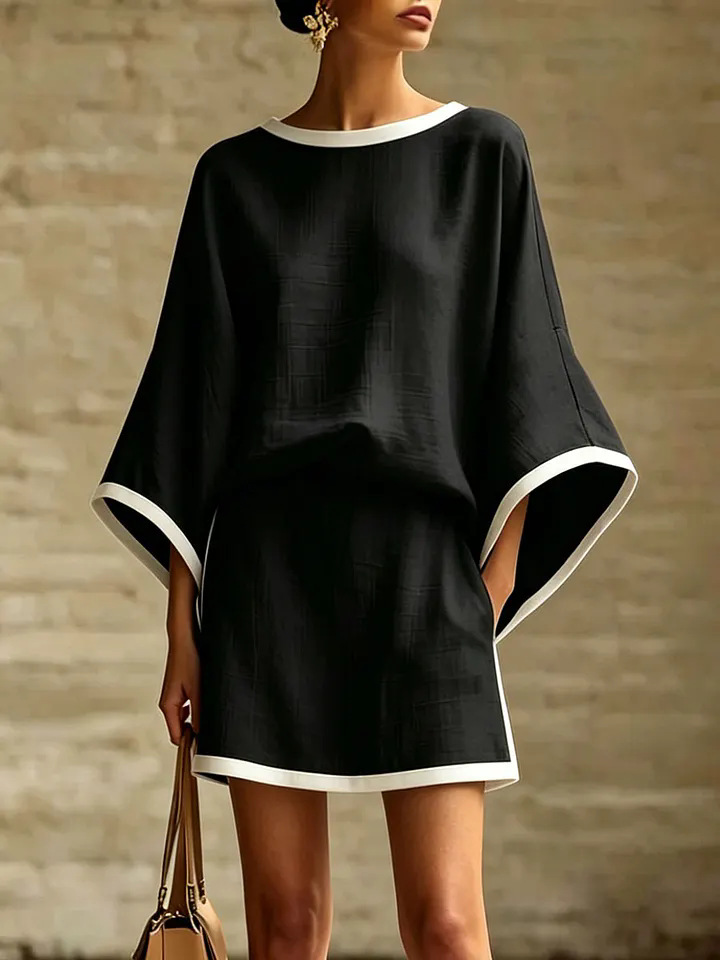 Women's Cotton-Linen Batwing Sleeve Top and Skirt Two-Piece Set