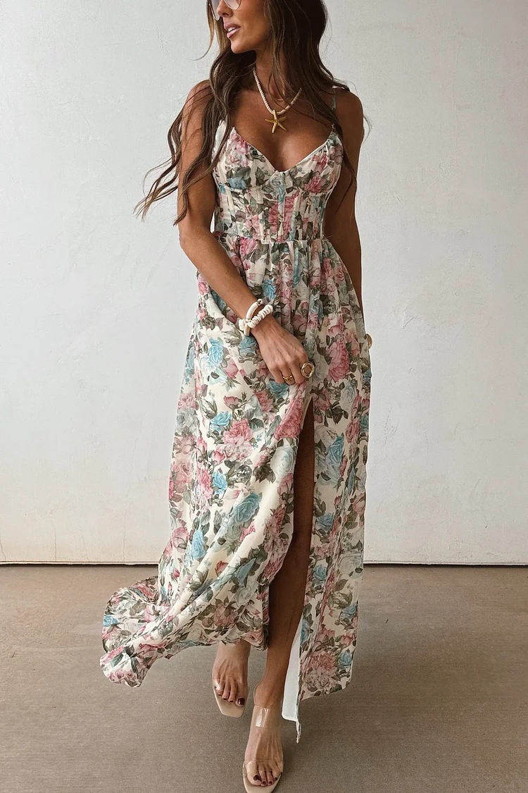 Retro Floral V-Neck High-Slit Cami Maxi Dress