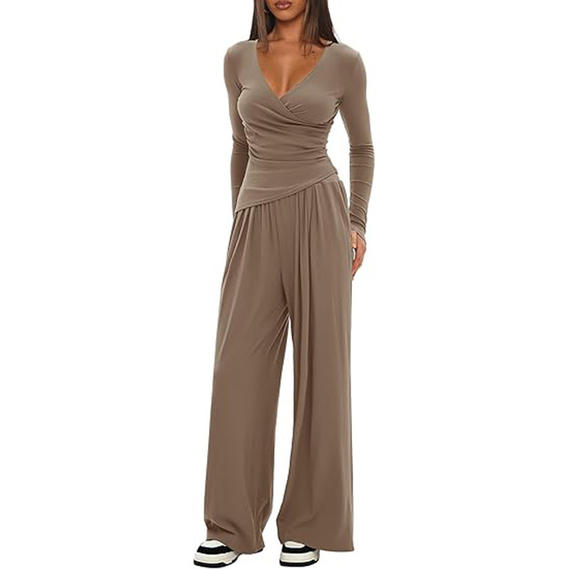 Solid Color 2-Piece V-Neck Long Sleeve Wide Leg Pants Lounge Set