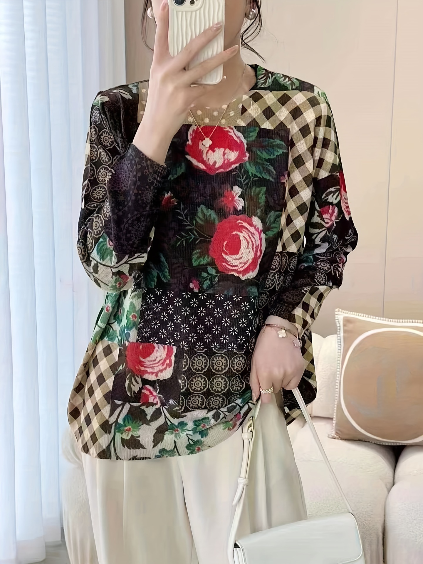 Elegant Butterfly Print Knit Pullover Sweater Long Sleeve Crew Neck Color Block