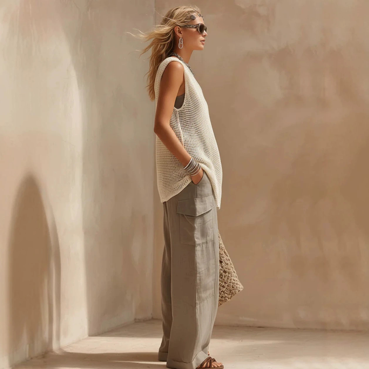 One-Shoulder Cutout Knit Top with Gray Tank and Cotton-Linen Jumpsuit Two-Piece Set