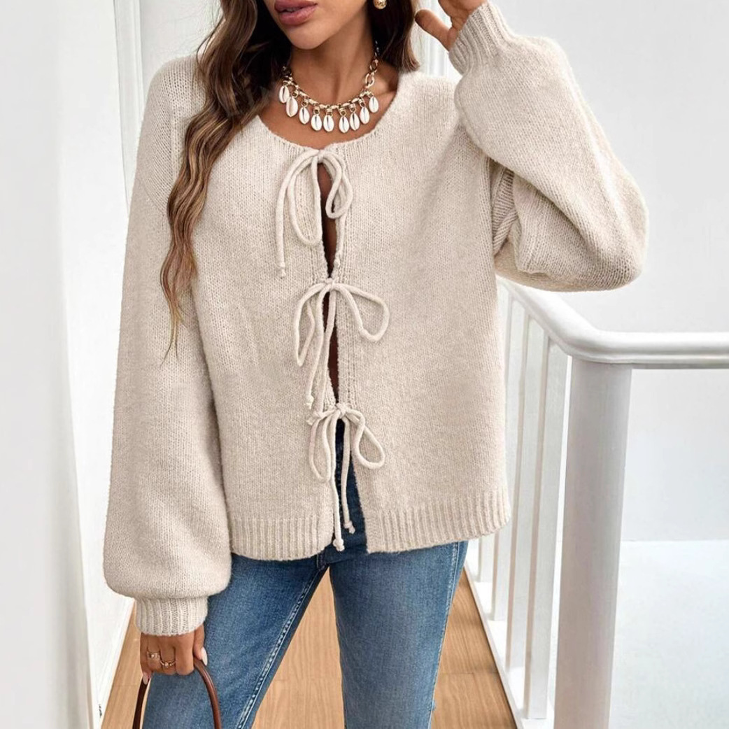 Women's Casual Loose Tie-Front Solid Knit Cardigan Sweater