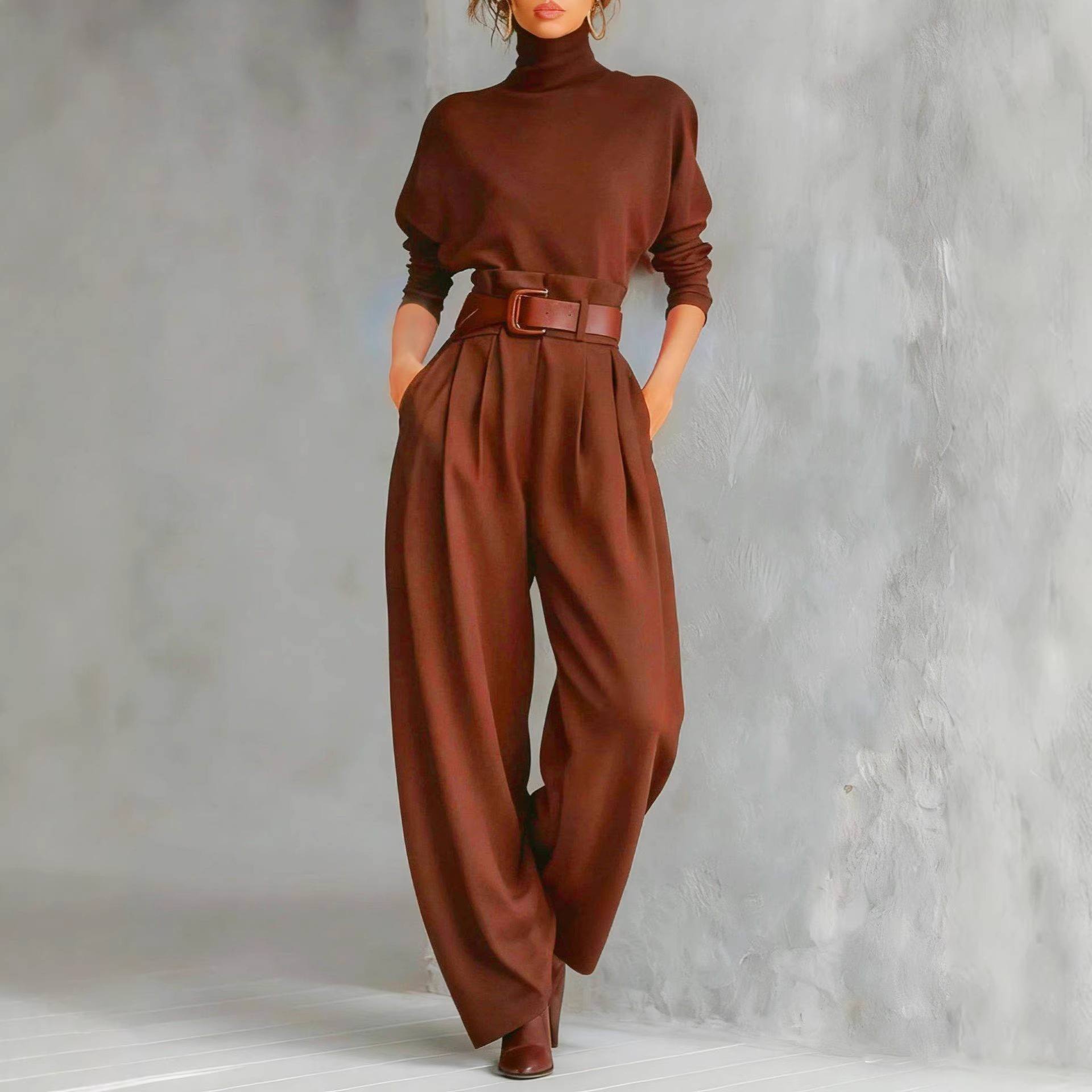 Women's Solid Color Long Sleeve Back Seam Top and Pants Two-Piece Set