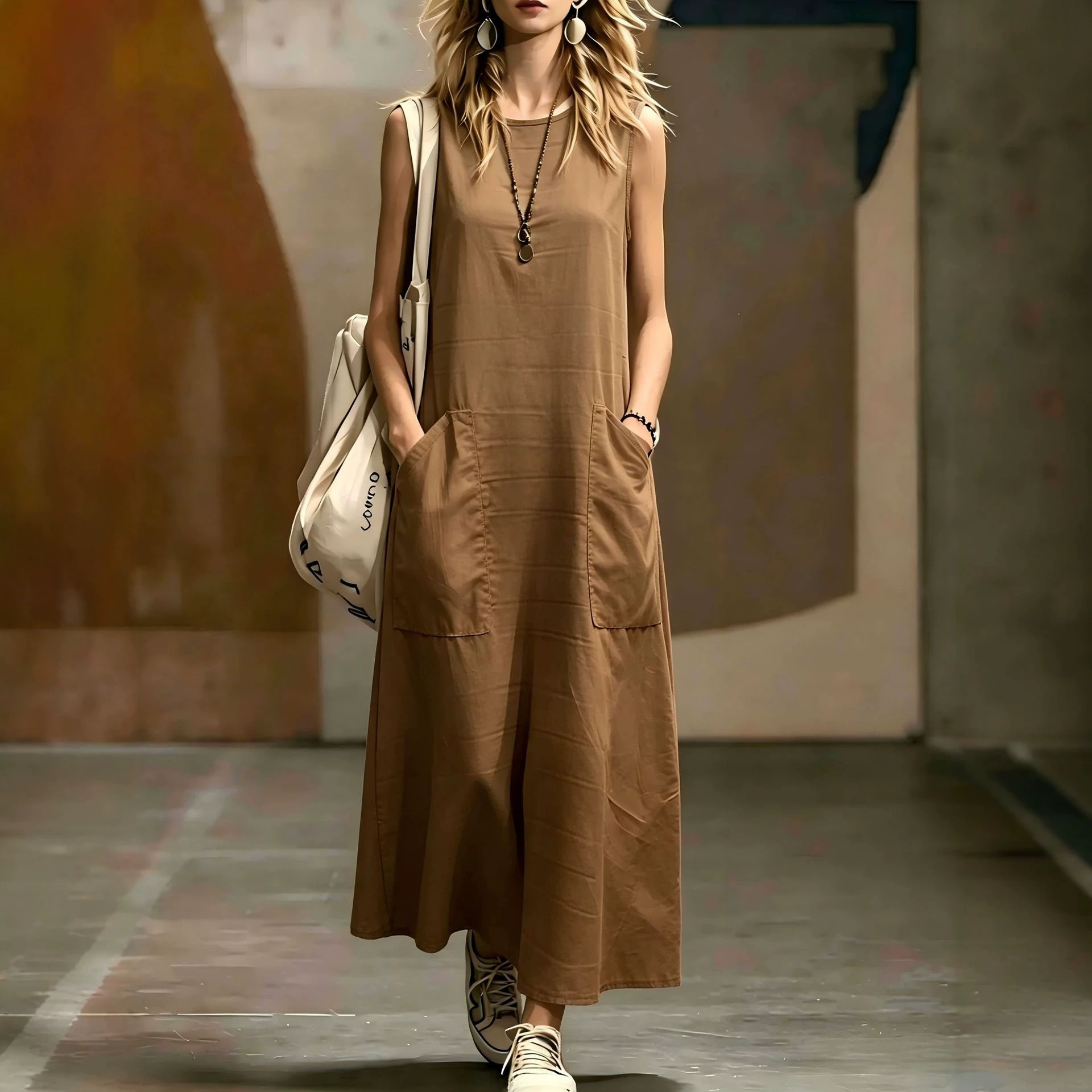 Women's Solid Sleeveless A-Line Midi Dress with Pockets