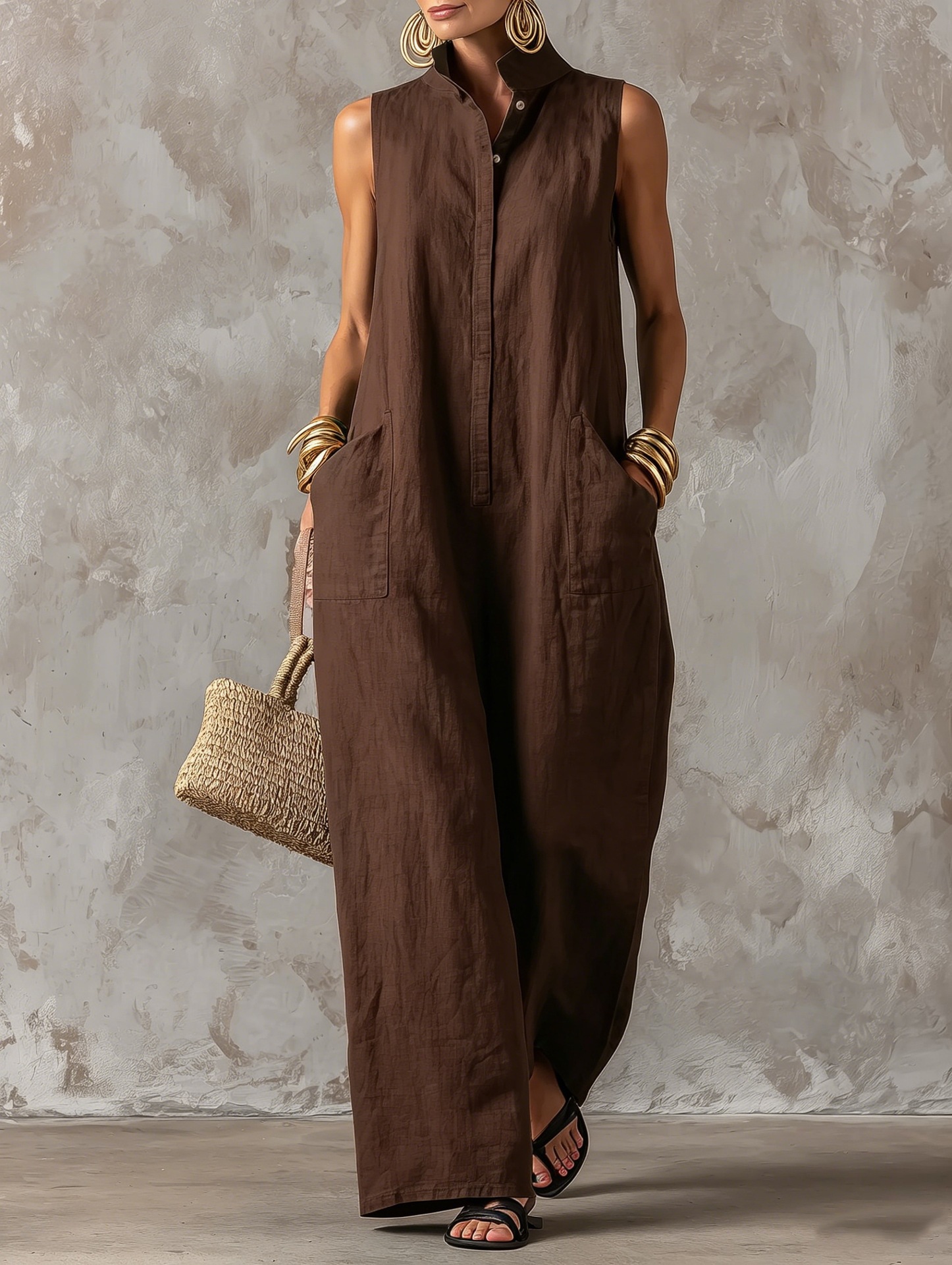 Women's Sleeveless Linen-Blend Jumpsuit with Stand Collar, Button Front, Wide Leg, Relaxed Fit