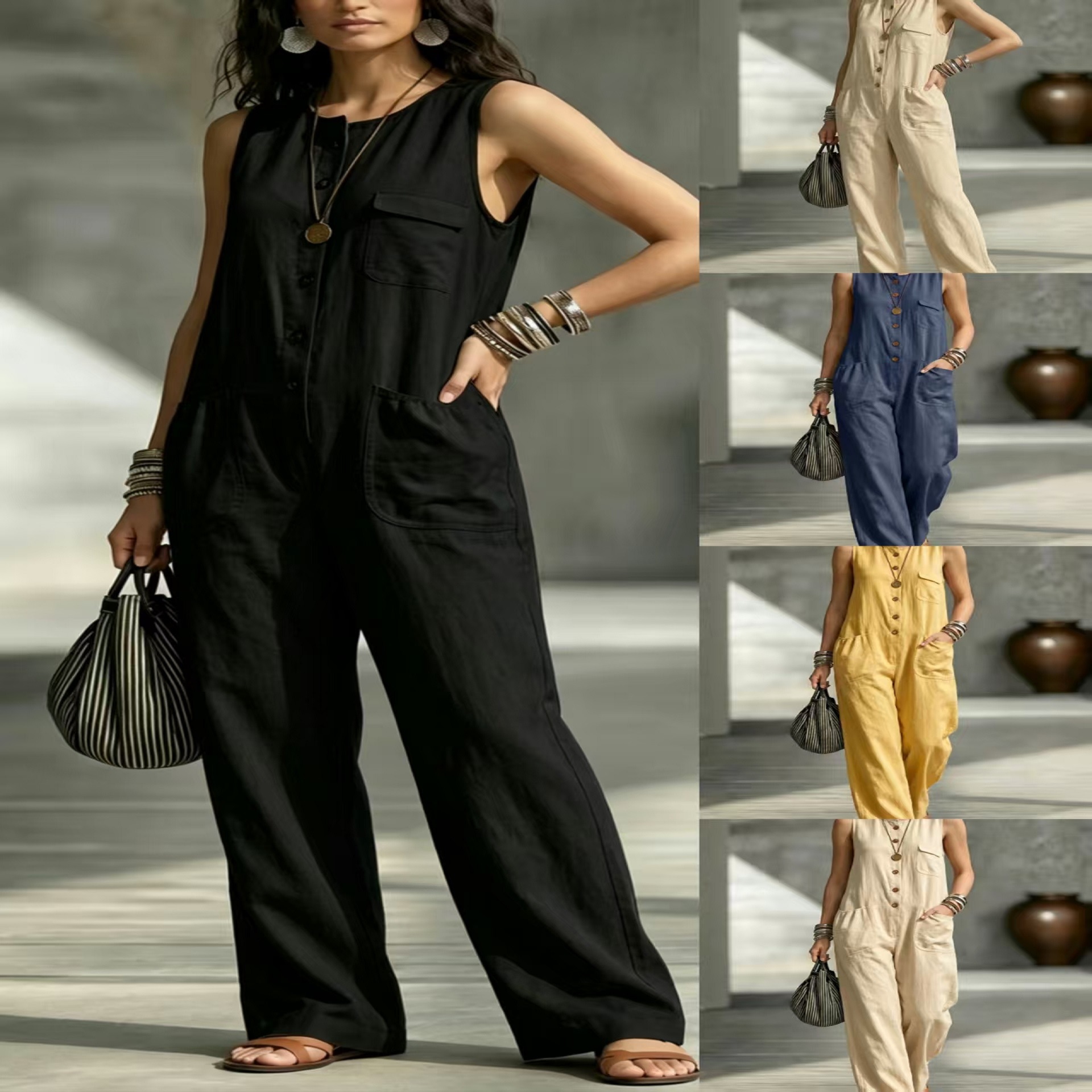 Sleeveless Wide-Leg Jumpsuit with Pockets Casual