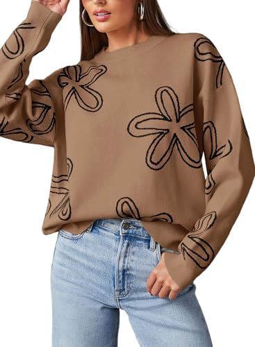 Women's Floral Print Chunky Knit Crewneck Long Sleeve Pullover Sweater