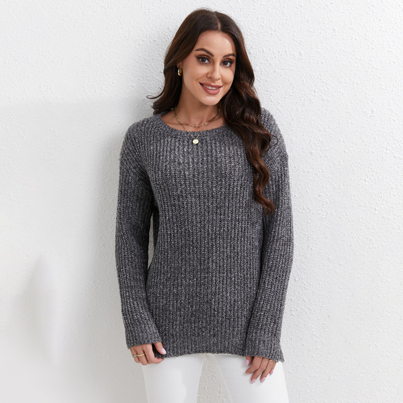 Women's Solid Crewneck Pullover Sweater Loose Long Sleeve Knit Top