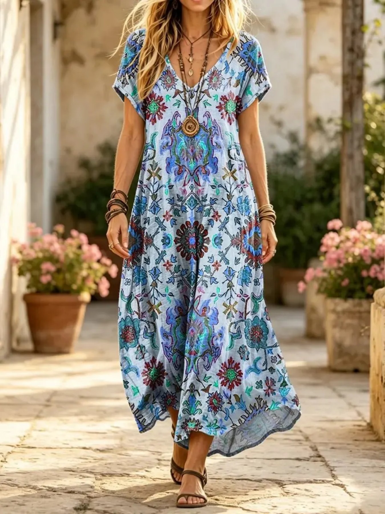 Women's Floral Print Midi Dress Short Sleeve Deep V-Neck Bodycon Casual