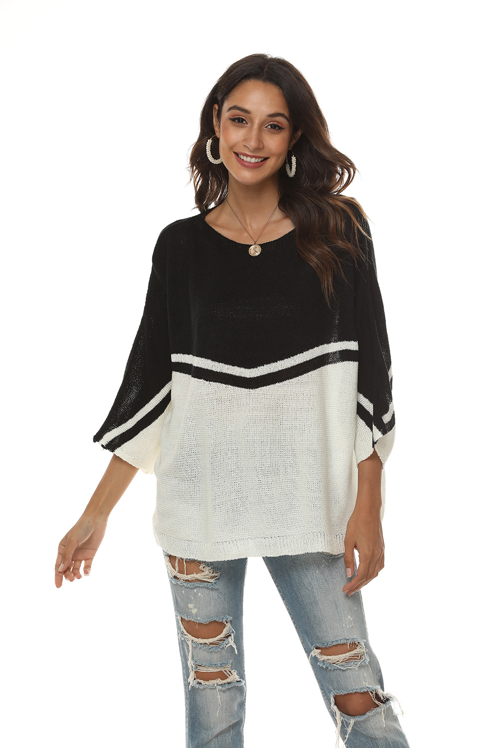 Women's Oversized Knit Batwing Sweater Colorblock Pullover Long Sleeve