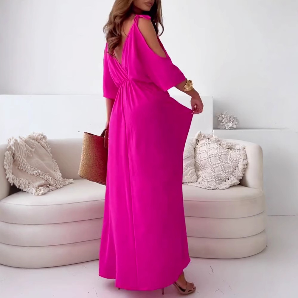 Solid Color Off-Shoulder V-Neck Cinched Waist A-Line Midi Dress with Five-Quarter Sleeves