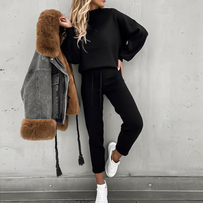 Women's Turtleneck Sweatsuit Set Solid Color Long Pants with Pockets