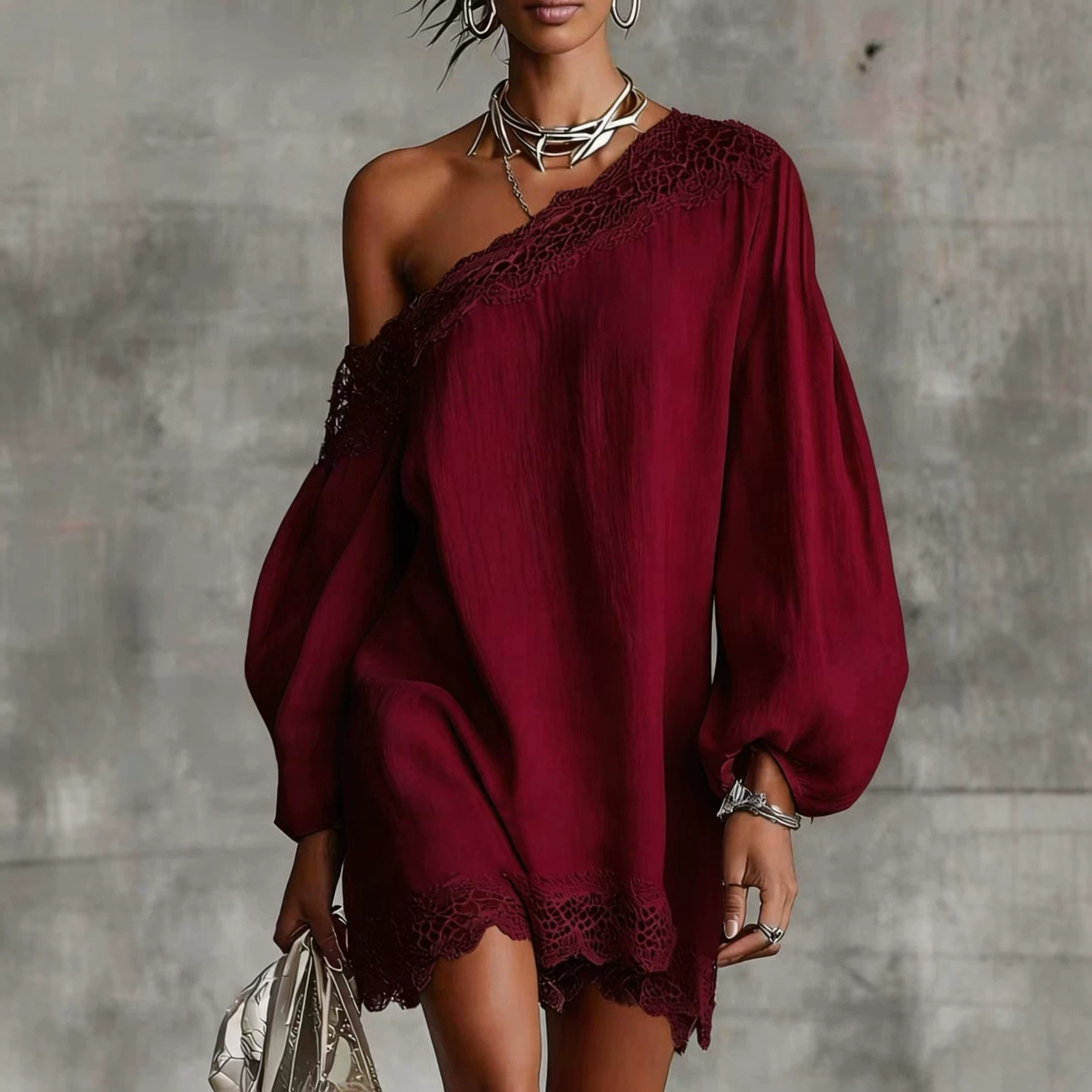 Lace Panel One-Shoulder Long Sleeve Loose Casual Dress