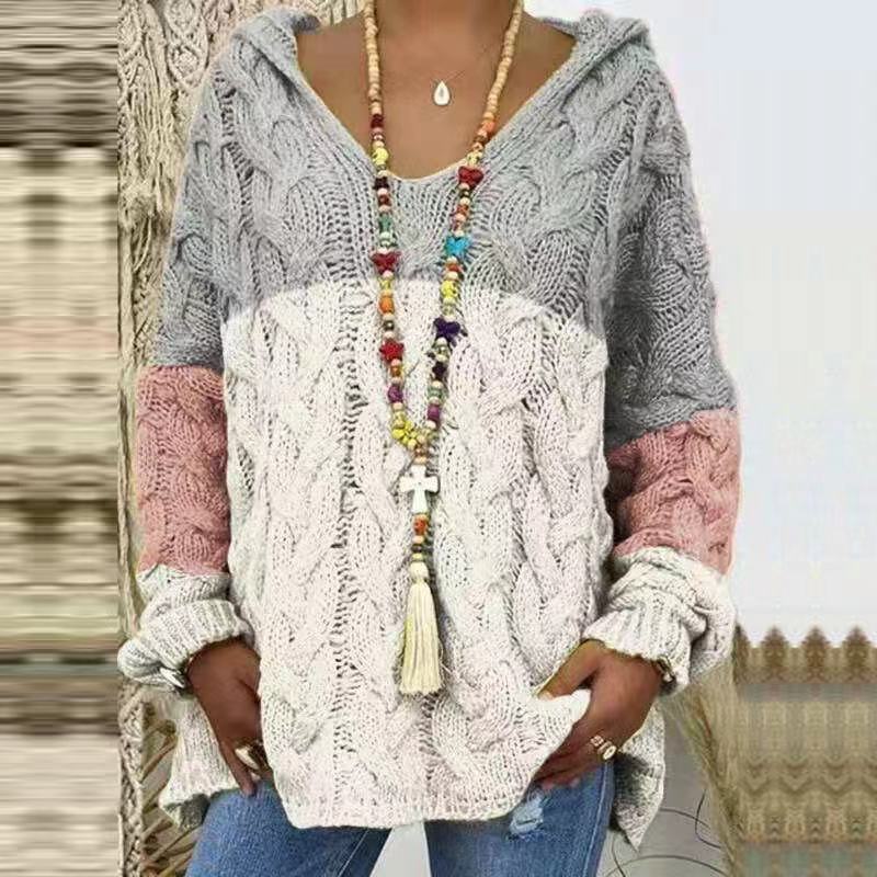 Women's Cable-Knit Hooded Sweater, Pure Color Pullover