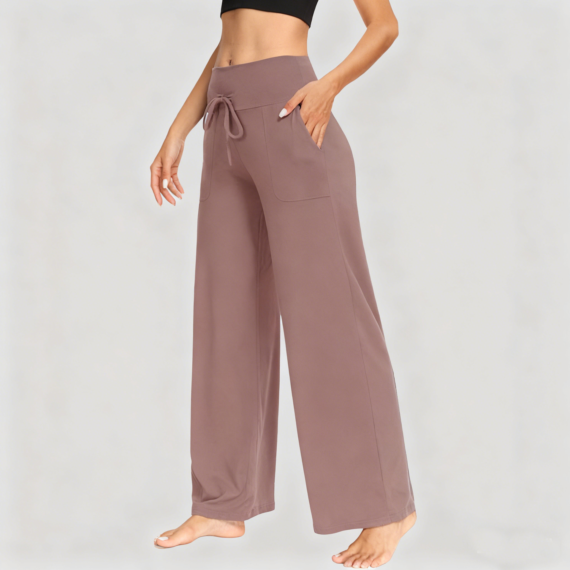 Women's High-Waist Straight-Leg Wide-Leg Pants with Drawstring, Drapey Casual Yoga Trousers