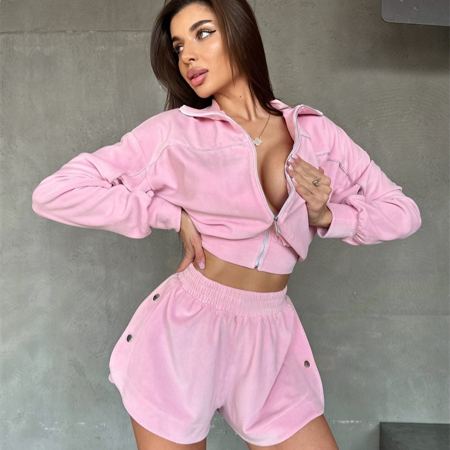 Velvet Zip-Up Cardigan and Shorts Two-Piece Set