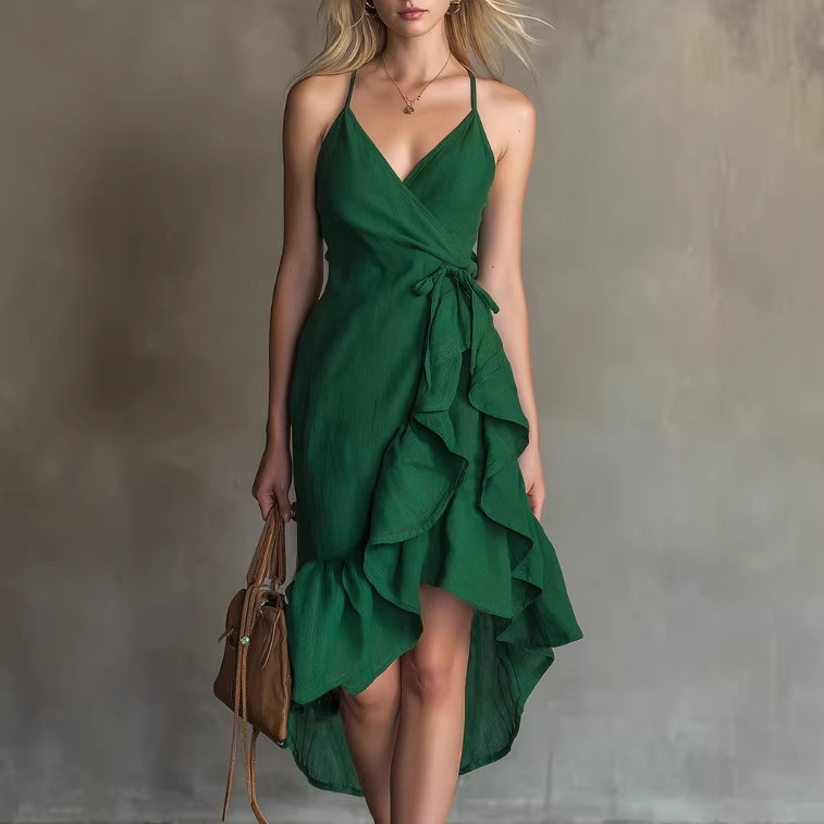 Irregular Ruffle Cami Dress Solid Color Cinched Waist Midi Dress